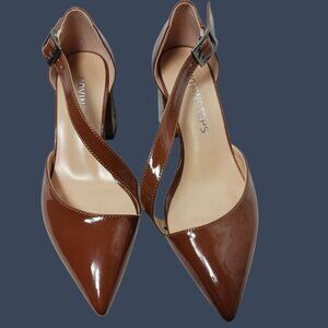 Movinsteps Womens Patent D'orsay Pointed Toe Block Mid Heel  Pumps Brown Size 5